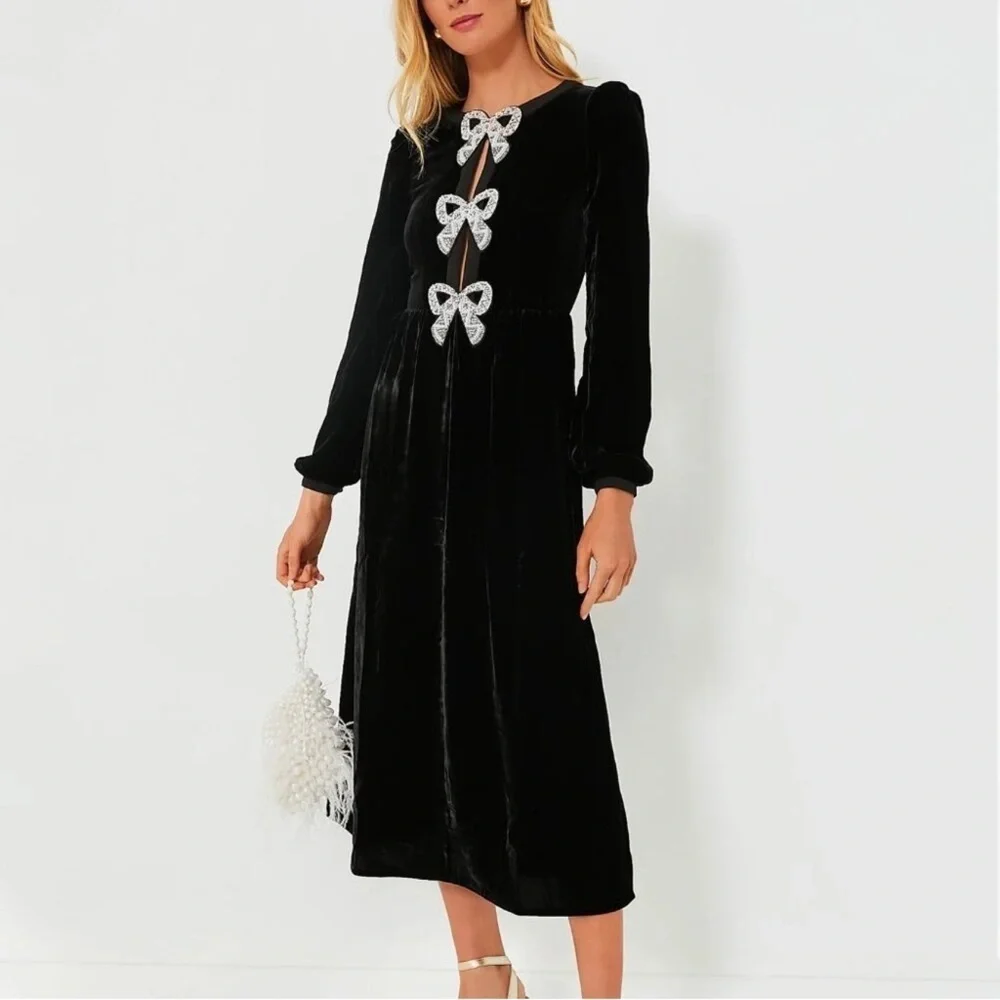 Saloni Camille Bow Velvet Midi Dress Black Embellished Size 2 NWT - Picture 1 of 9